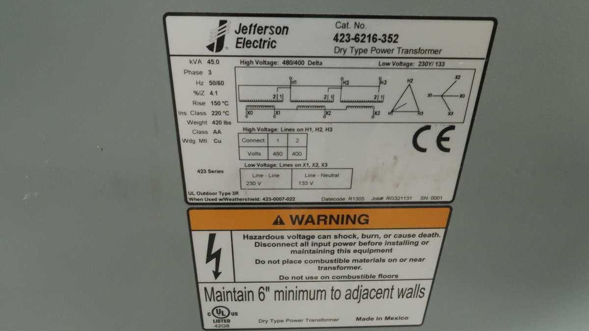 Jefferson Electric 423-6216-352 Transformer, 45 kVA, 3Ph, Dry, 480/230V, 60 Hz, 220C Ins, NEMA 3R - POWER TRANSFORMERS