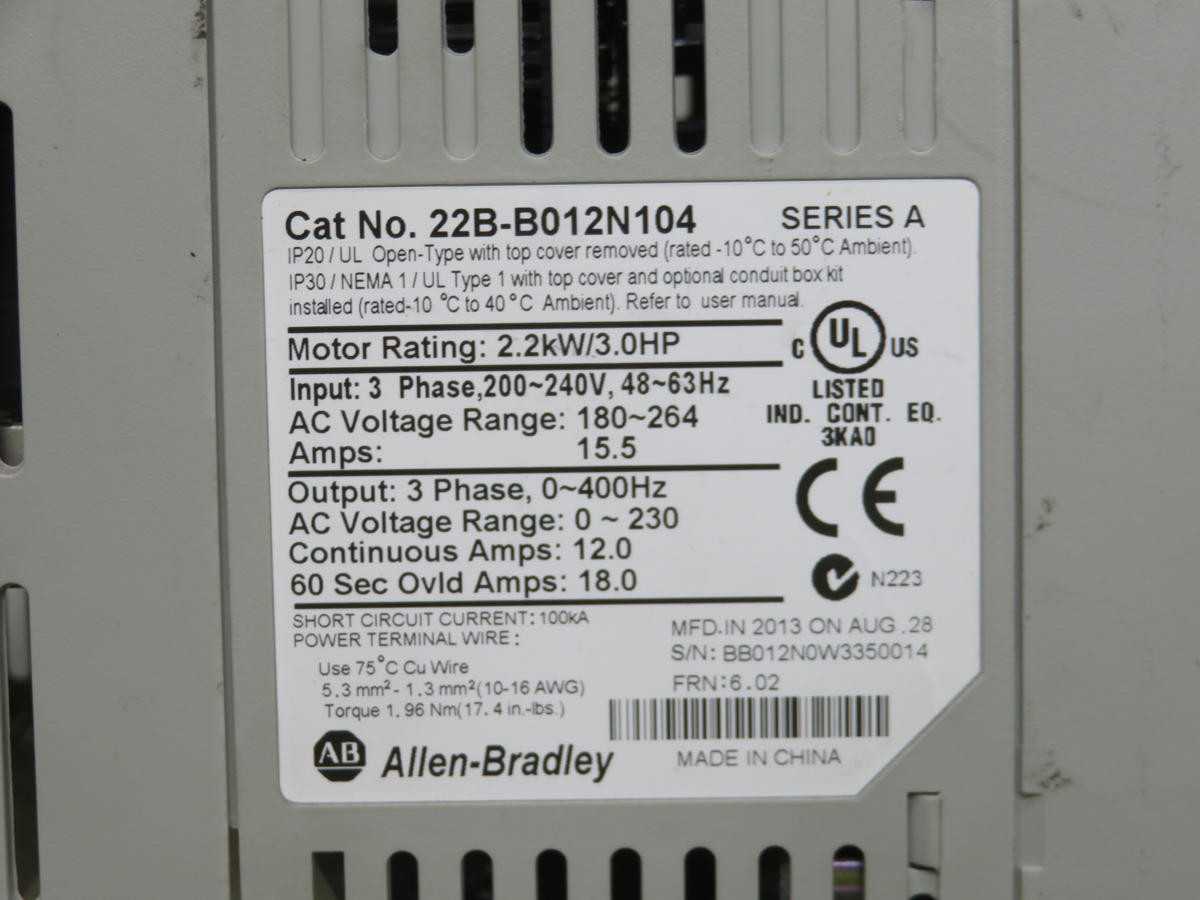 ALLEN BRADLEY 22B-B012N104 DRIVE, 240 VAC 3-PH INPUT, 12 A OUTPUT, 2.2 KW, IP20 ENCLOSURE - AC VFD DRIVES