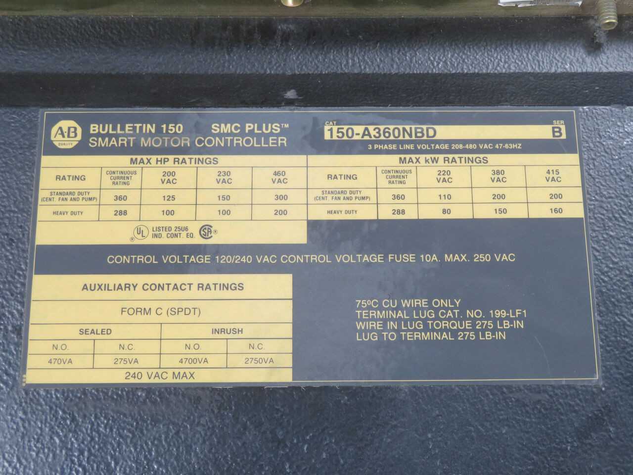 ALLEN BRADLEY 150-A360NBD MOTOR CTRL, 360A CURRENT, 200-480V VOLTAGE, 5-300HP RATING - MOTOR STARTERS