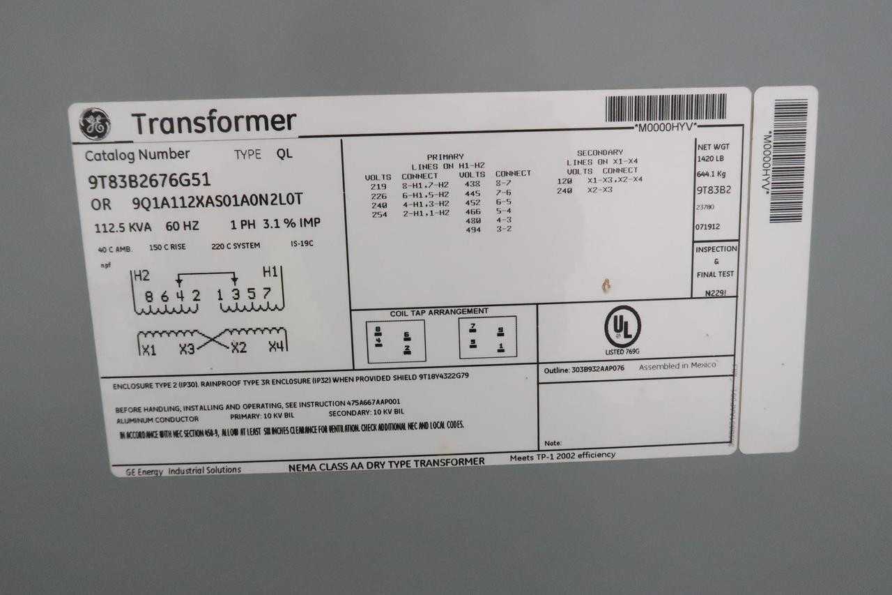 Ge 9T83B2676G51 Transformers, 112.5 Kva Power, 60 Hz Freq, 240X480V Pri, 120/240V Sec - DRY TRANSFORMERS