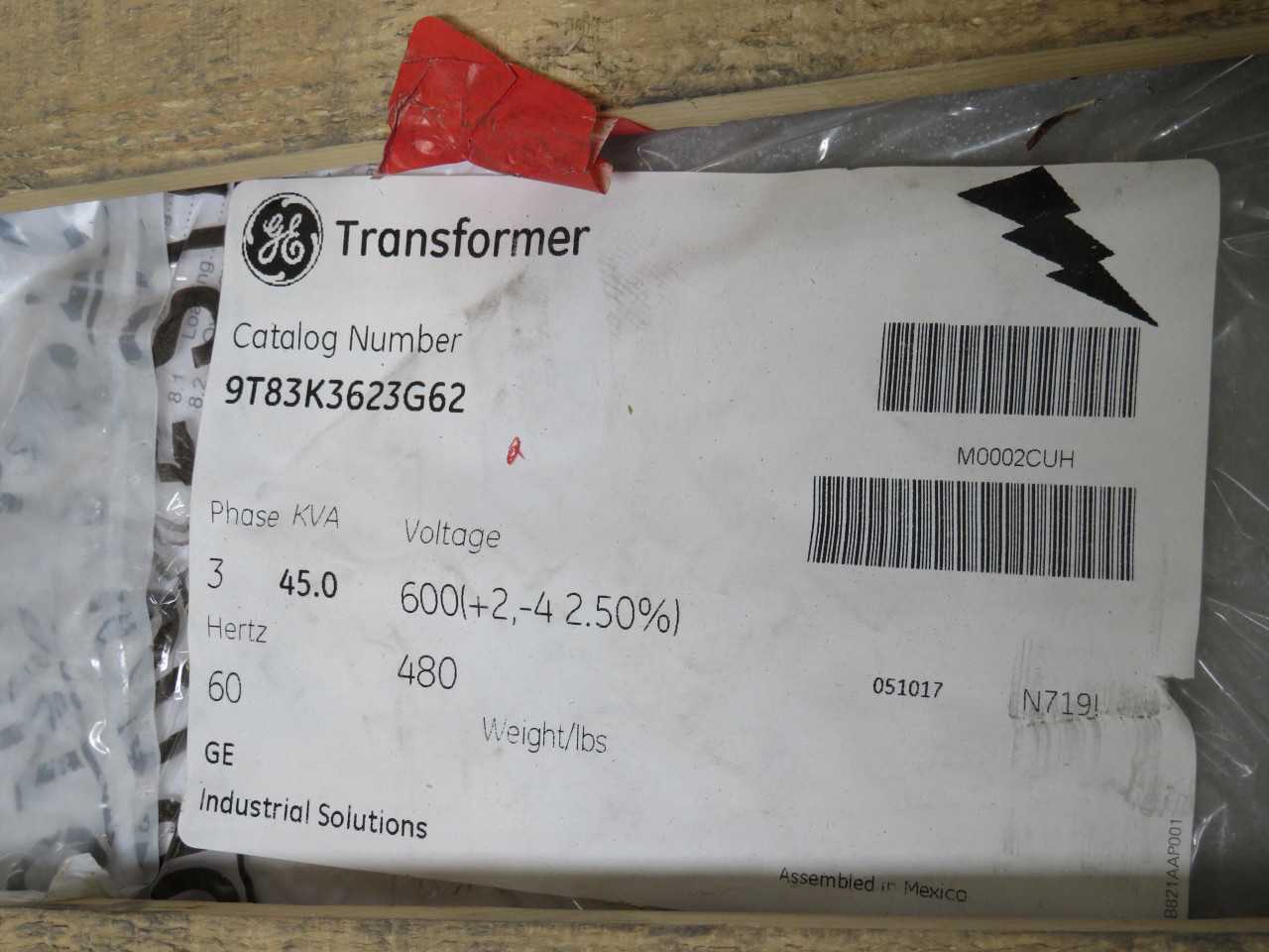Ge 9T83K3623G62 Xfmr, 3phase, 45 Kva Power, 60 Hz Freq, 600/480v Volt, 5.7% Imp, 480 Lbs Wt - DRY TRANSFORMERS
