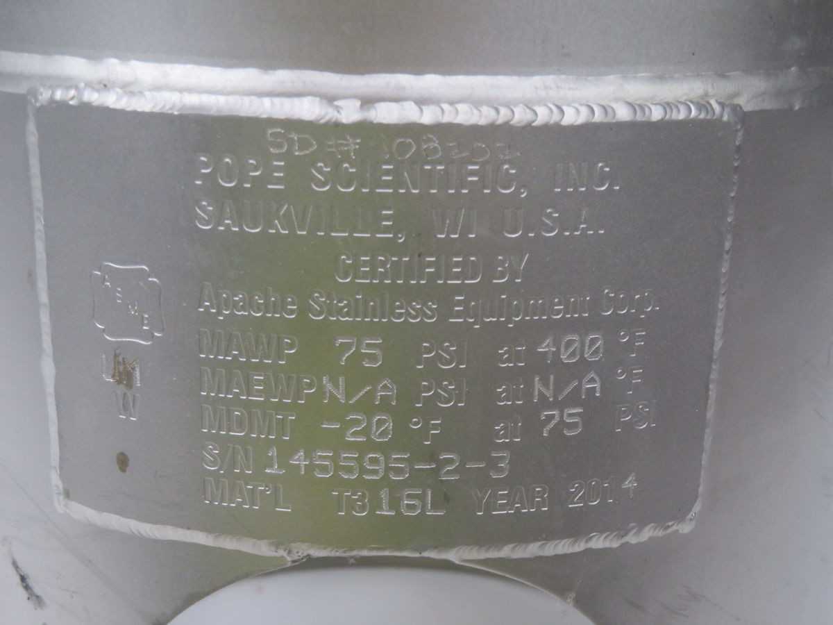 POPE SCIENTIFIC 3-GALLON T-316L STAINLESS STEEL VESSEL - TANKS