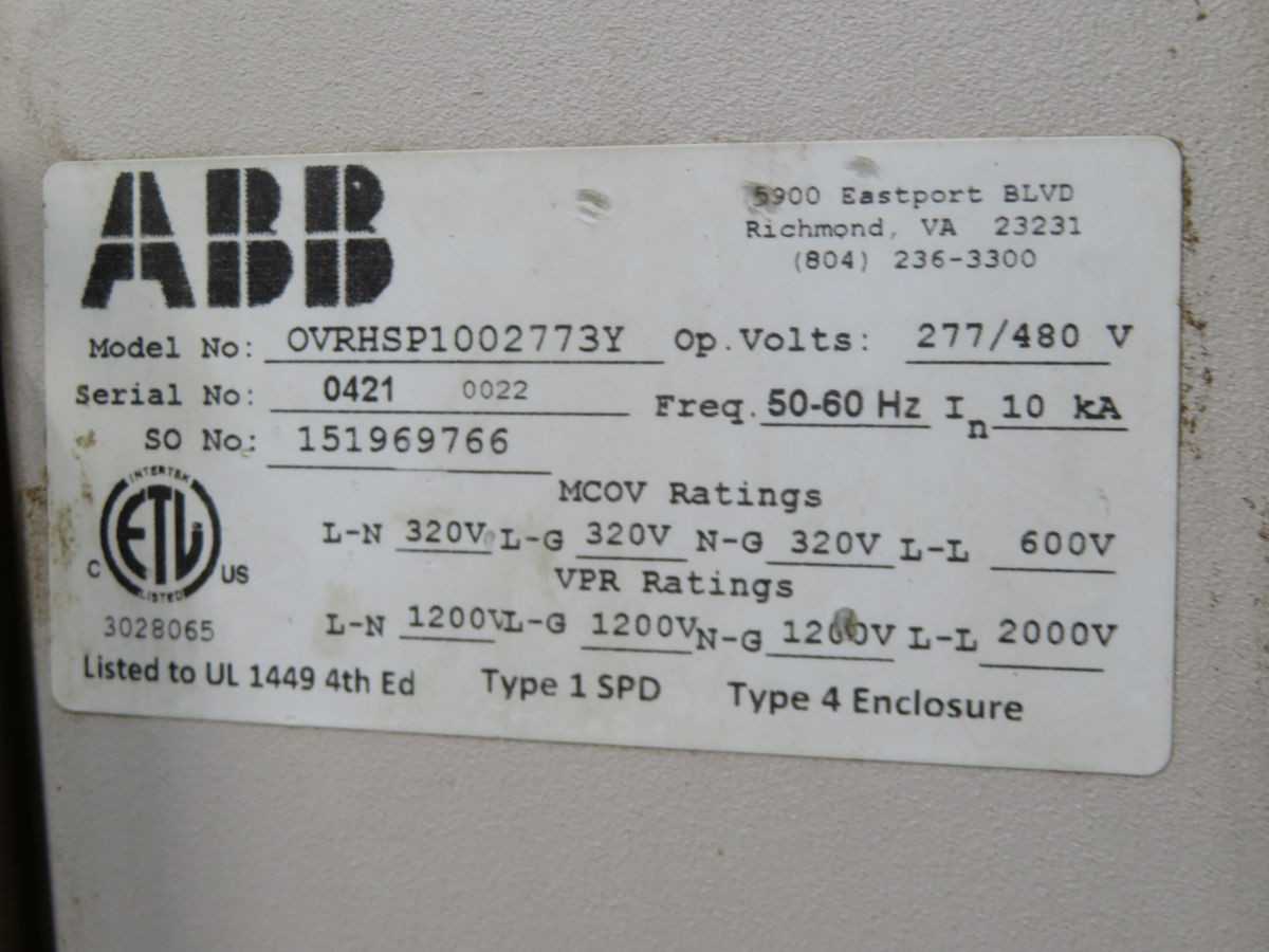 ABB OVRHSP1002773Y SPD, 480Y/277V, 100 KA SURGE, 20 KA NOM DISC, 200 KA SCCR, NEMA 1 - SURGE SUPPRESSOR