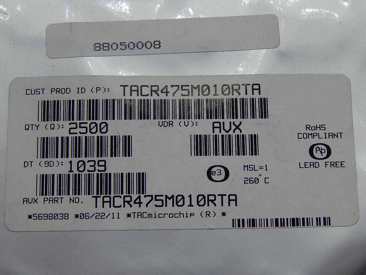 Lot of 2500 AVX TACR475M010RTA Tantalum Capacitors - Solid SMD 0805 10V 4.7uF 20% - ELECTRICAL COMPONENTS