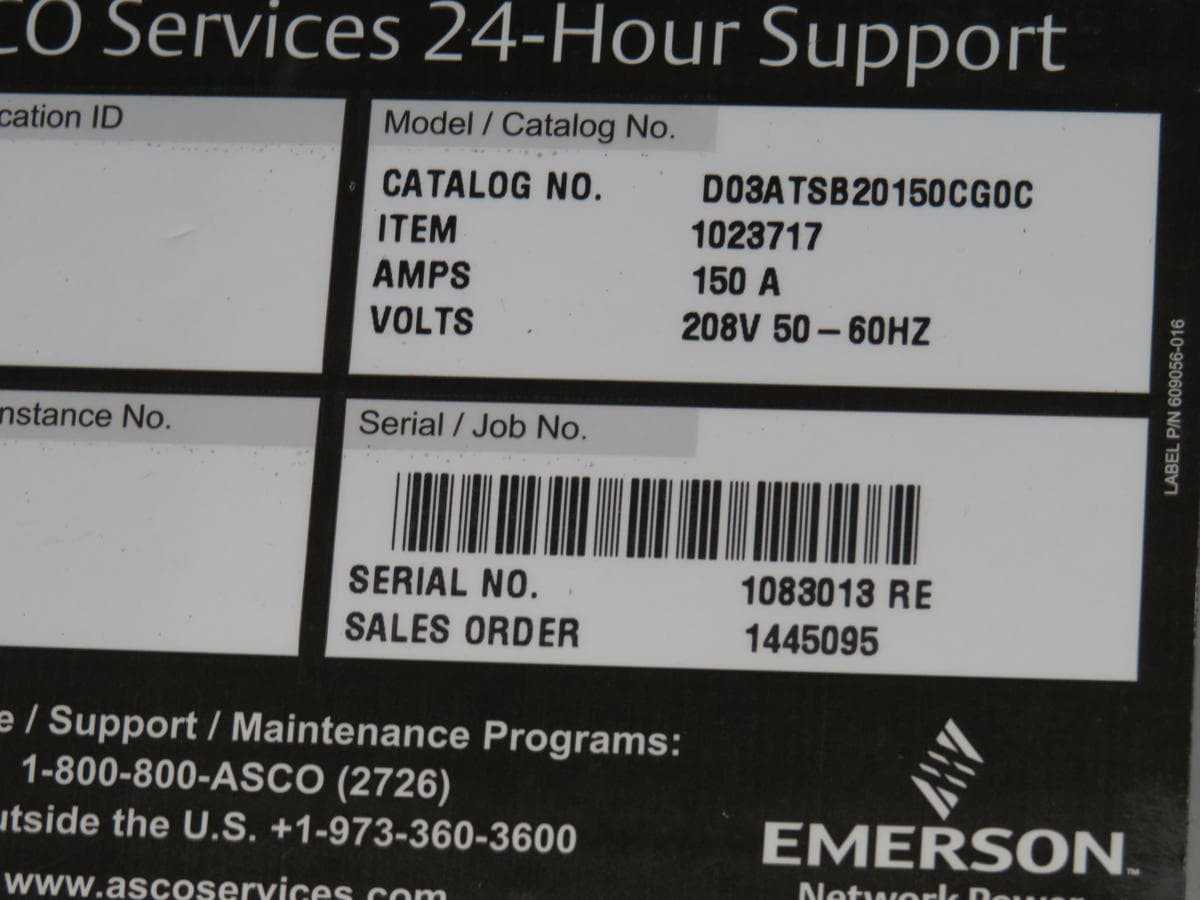 ASCO D03ATSB20150CG0C TRANSFER SWITCH, 150A CURRENT, 1-PHASE, 3-POLE, 208-240V AC, 60HZ - SWITCHGEAR