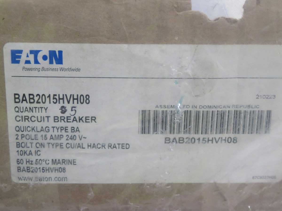 LOT OF 5 EATON BAB2015HVH08 CIRCUIT BREAKER T263613 - CIRCUIT BREAKERS