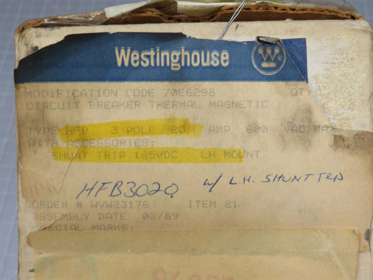WESTINGHOUSE 2609D39G10 CB, 3-POLE, 20A RATING, 600V VOLTAGE, 18 KAIC INT. RATING - CIRCUIT BREAKERS