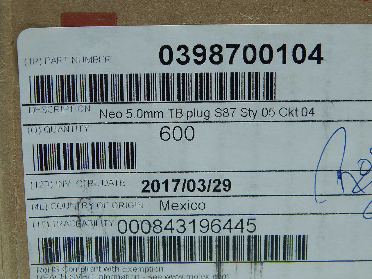Lot of 600 MOLEX 0398700104 Pluggable Terminal Blocks - TERMINAL BLOCKS