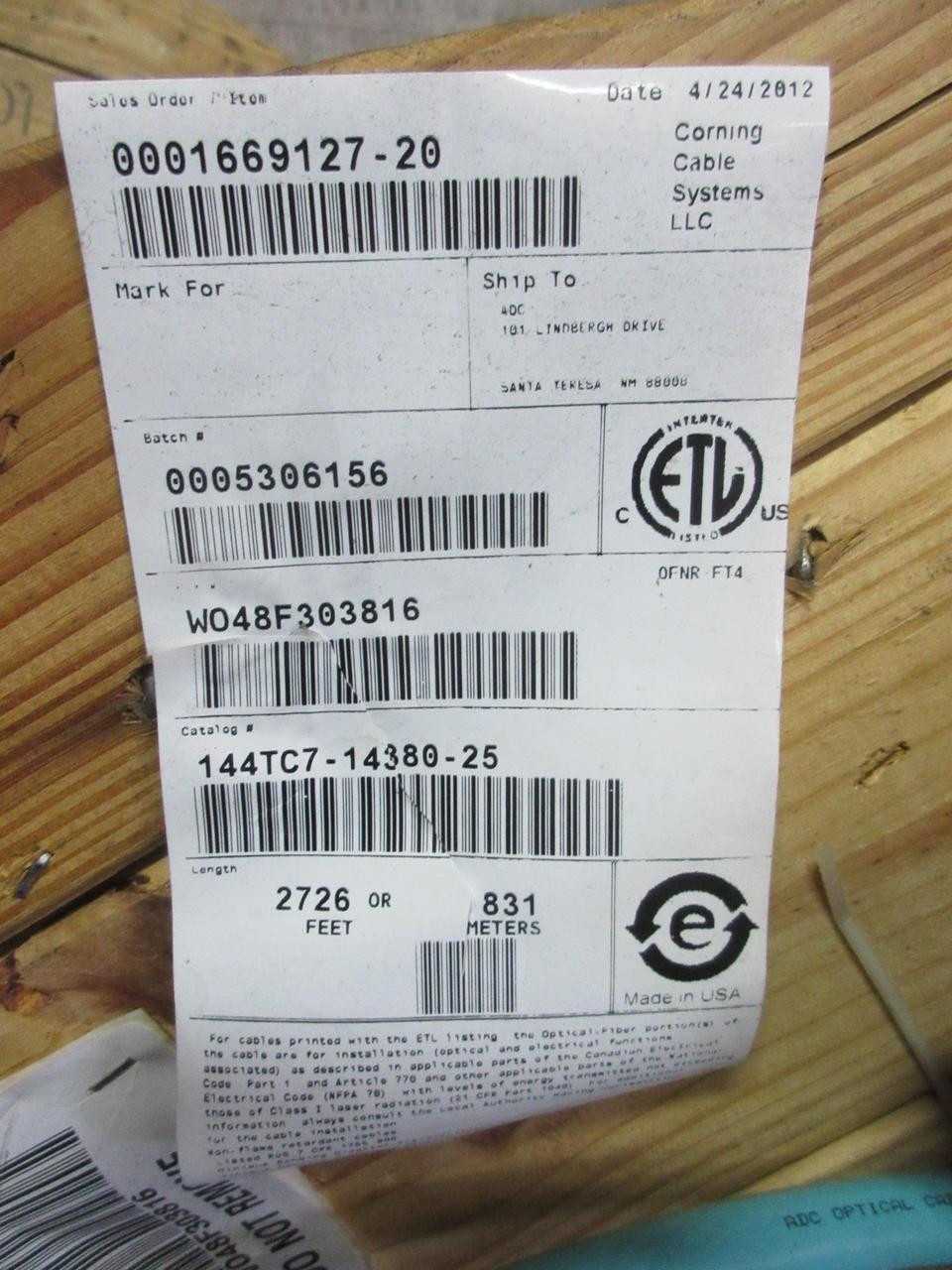 ADC 120-65B-10B 144 MM5, OTHER CABLES, FIBER RISER, 830.88M LENGTH, 144 OM3 ULTRA BEND, OFNR FT4 - FIBER OPTIC CABLE