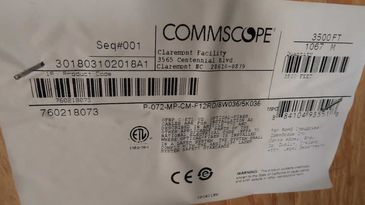 COMMSCOPE P-72-MP-CM-F12RD/8W036/5K036 OM4 FIBER, 36 FIBERS, 3500 FT LENGTH - FIBER OPTIC CABLE