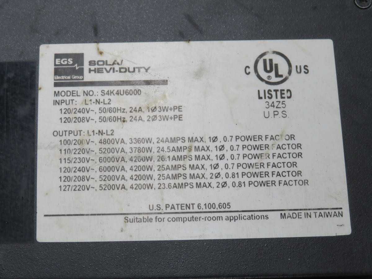 SOLA S4K4U6000 UPS, 6 KVA OUTPUT POWER, 120-208 VAC VOLTAGE, 6 OUTPUT RECEPTACLES, 5 MIN RUNTIME - POWER SUPPLIES
