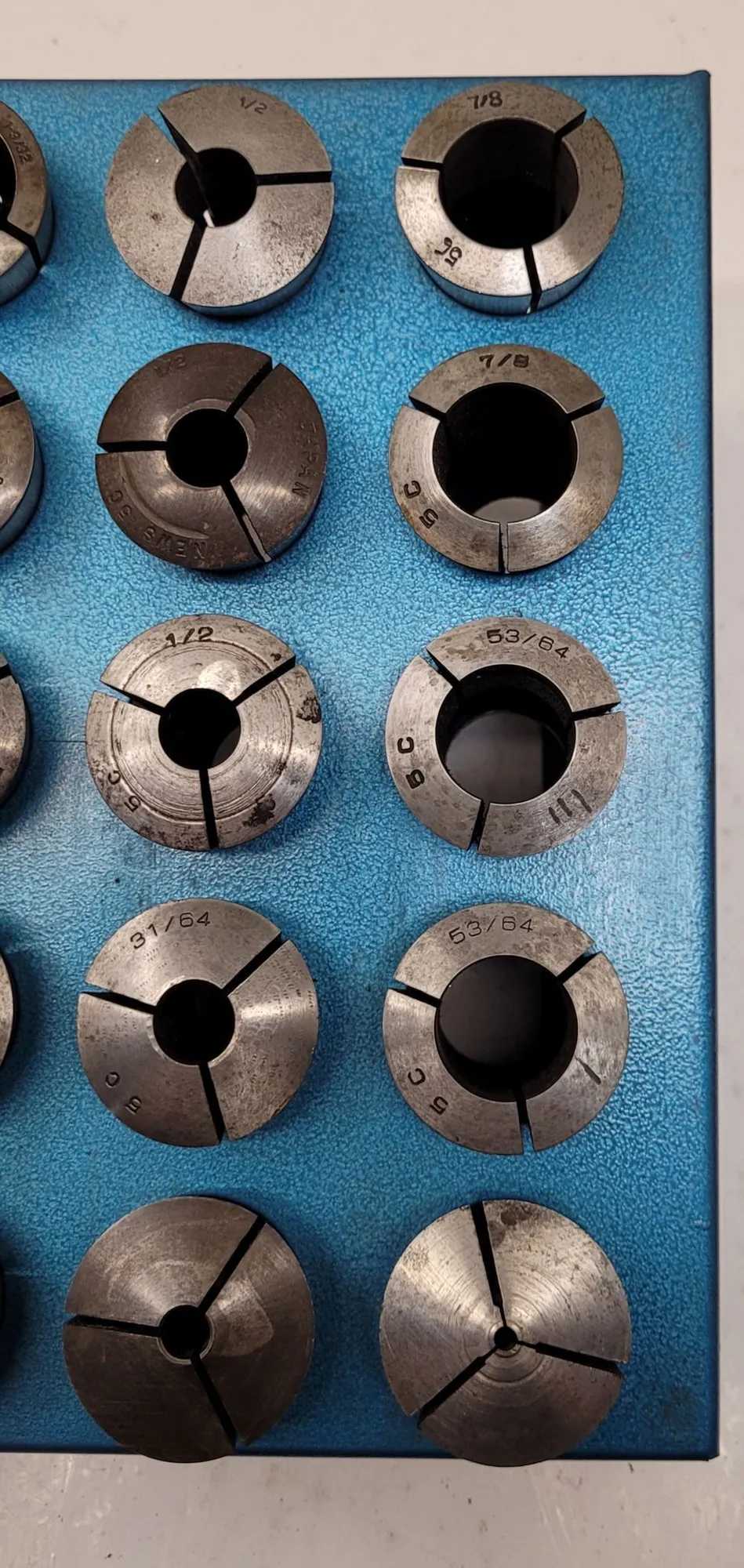 MIXED BRAND 5C COLLET SET (30 PCS) W/ BASE - VARIOUS SIZES FROM 3/8" TO 4-49/64" - MACHINING TOOLING & PARTS