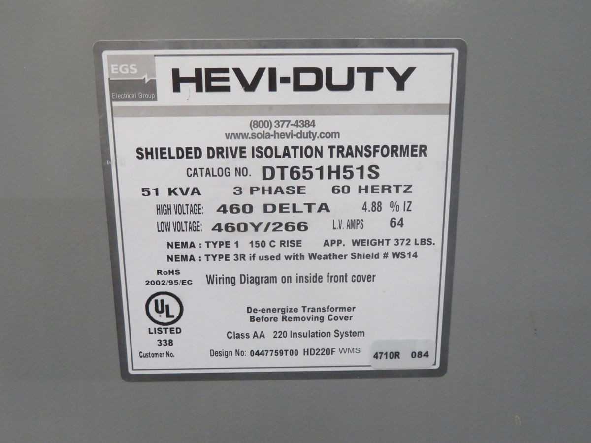 SOLA HD DT651H51S, 3P, 51 KVA, 460V D PRI, 460V W SEC, 60 HZ, 220C INS, 150C RISE - DRY TRANSFORMERS