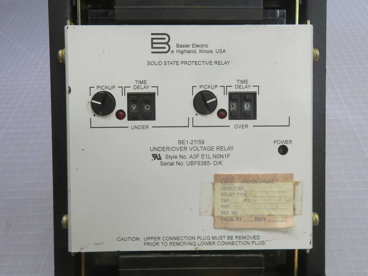 BASLER, BE1-27/59 A3F E1L NON1F, UV/OV RELAY, 24VDC AUX, 65-150 VAC INPUT - PROTECTION RELAY