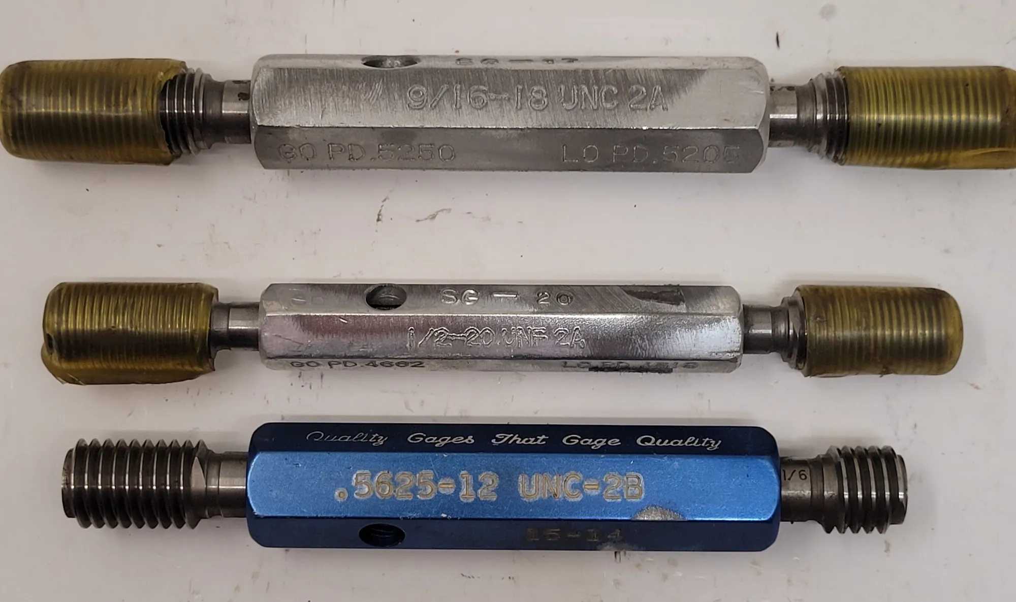 GO/NO GO PLUG GAUGE SET (3) - 9/16-18 UNC 2A, 1/2-20 UNF 2A, .5625-12 UNC-2B - MACHINING TOOLING & PARTS