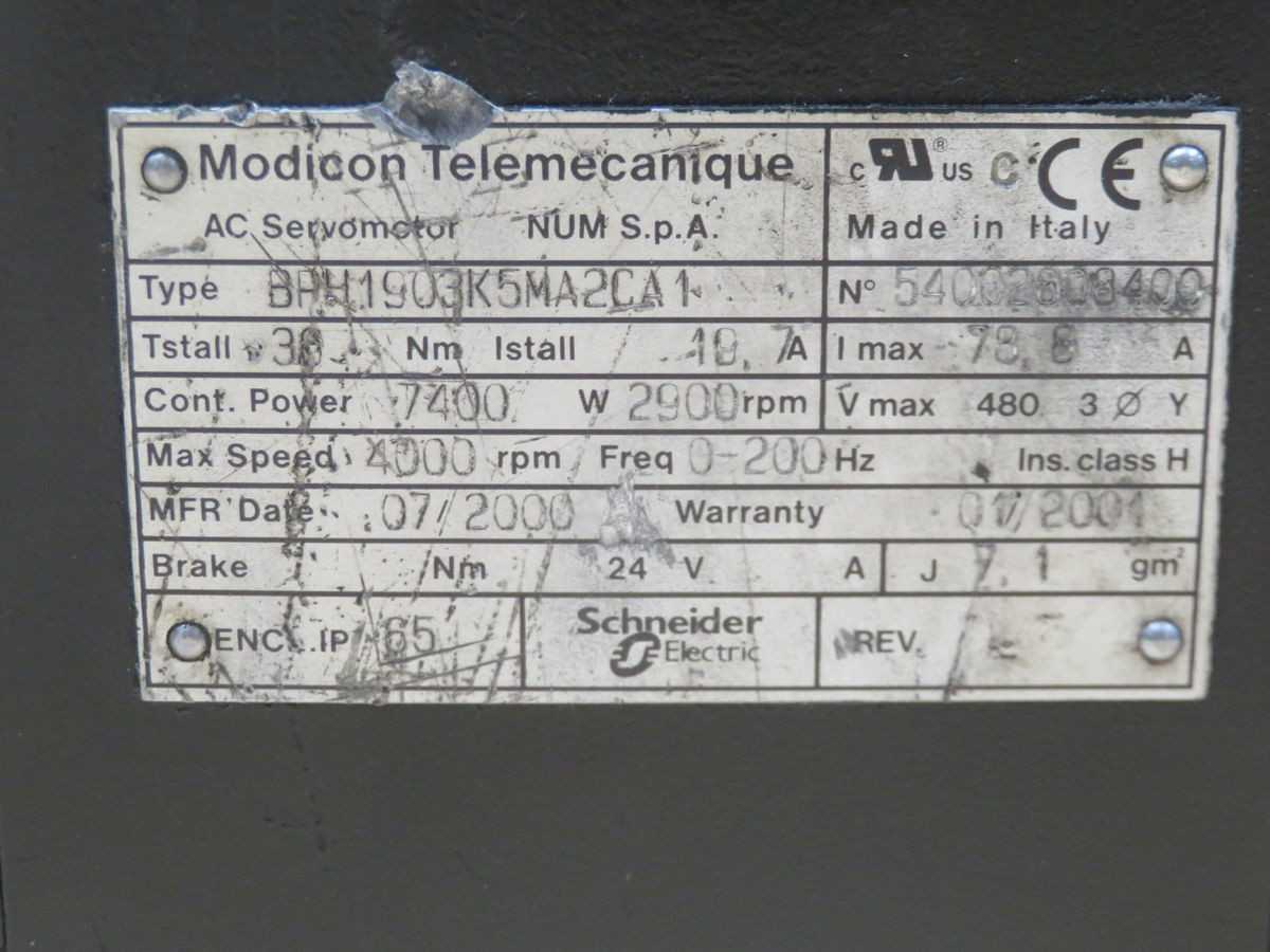 MODICON BPH.1903K5MA2CA 1 SERVO MOTOR, 480V MAX V, 2900 RPM RATED, 4000 RPM MAX, 0-200 HZ FREQ - SERVO MOTORS