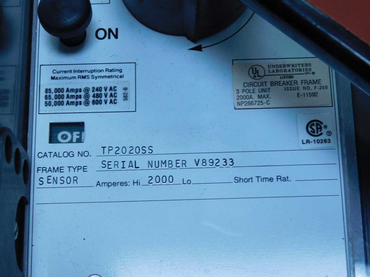 GE RMS-9 TP2020SS CIRCUIT BREAKER, 3 POLES, 2000 A CONTINUOUS CURRENT, 600 VAC MAX VOLTAGE - AUTOMATION & CONTROLS