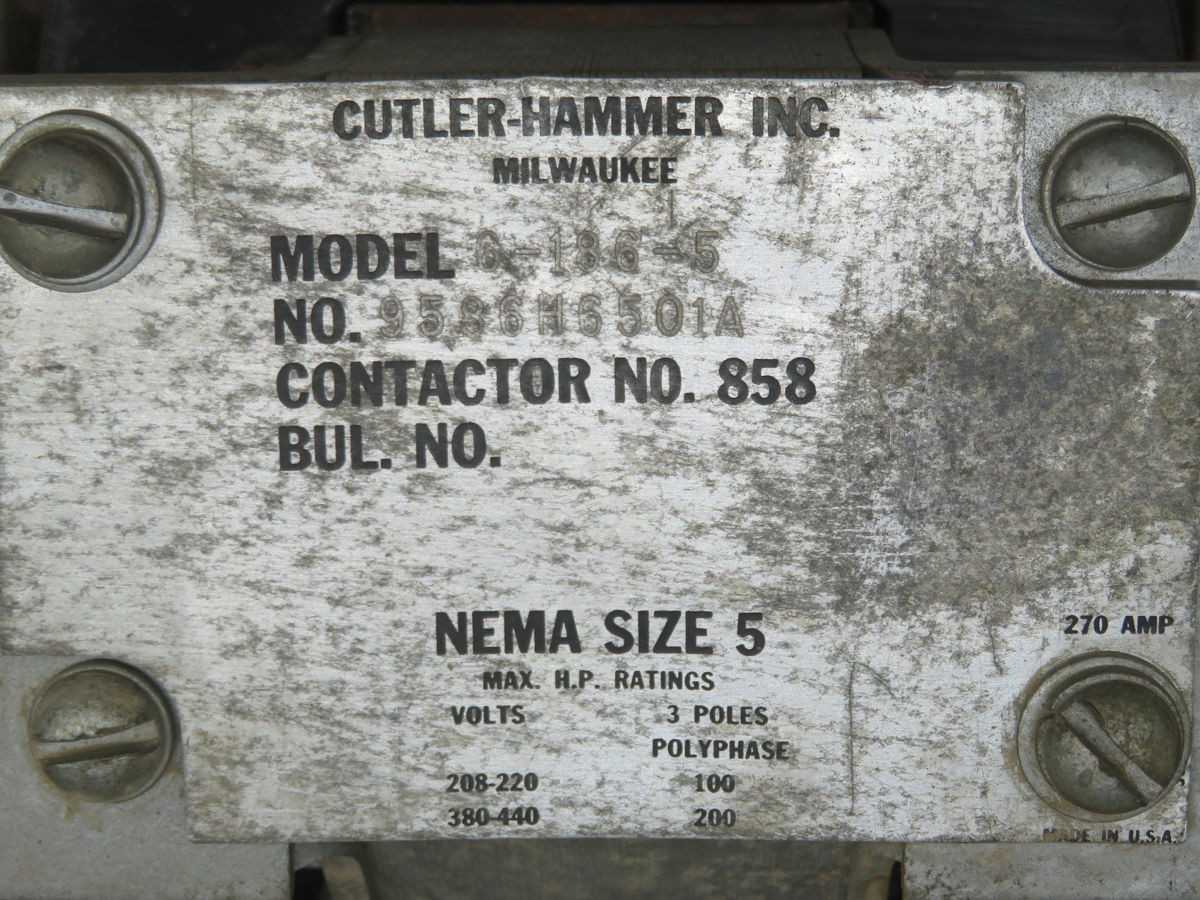 CUTLER HAMMER 6-186-5 CONTACT KIT, 3 POLE, NEMA SIZE 5, 270A CONT CURRENT, 600V AC - DC CONTACTOR