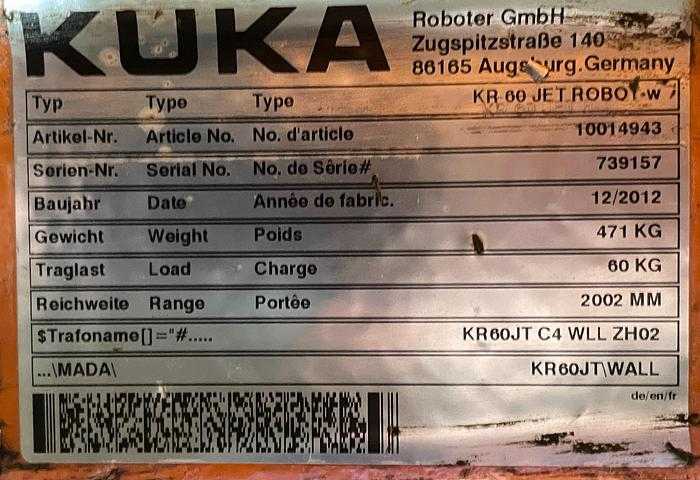 2012 KUKA KR60 Jet Gantry Robot, 60kg Payload, 2002mm Reach, KRC4 Controller - ARTICULATED ROBOTS