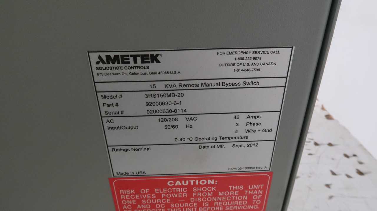 AMETEK 3RS150MB-20 REMOTE MANUAL BYPASS SWITCH, 15 KVA, 3-POS, MBB, NEMA-1, IP-20, WALL MT - SWITCHES
