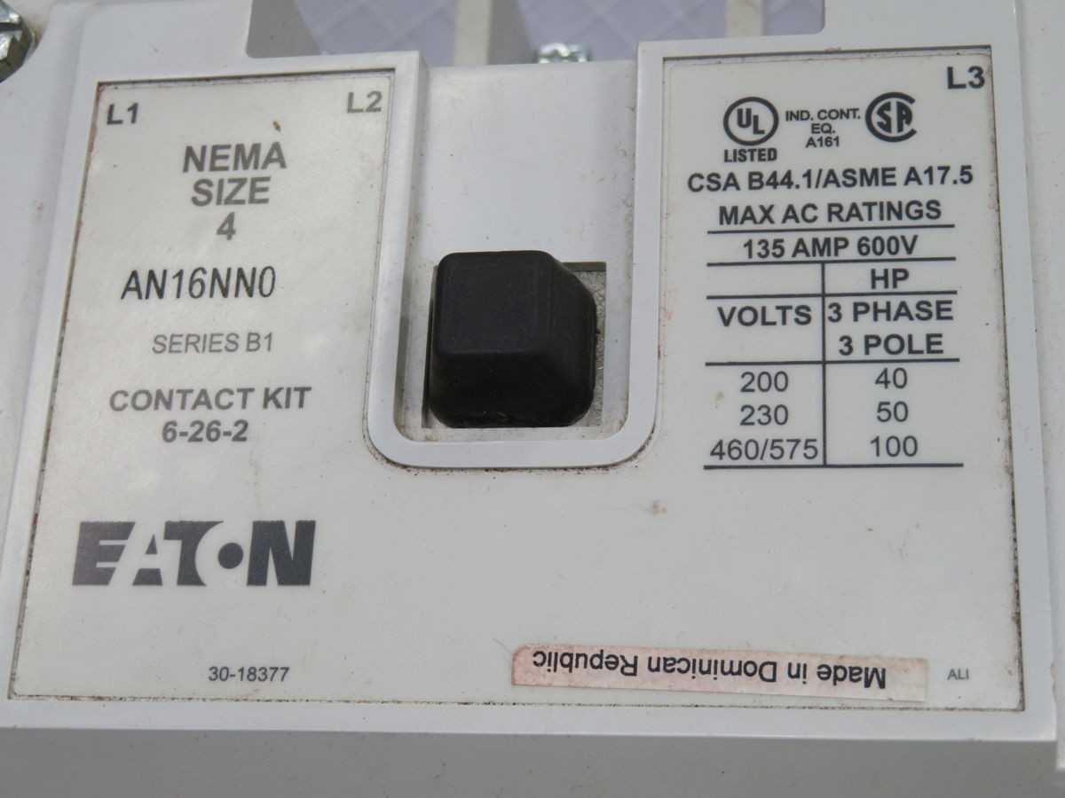 EATON AN16NNO STARTER, NEMA SIZE 4, 3-POLE, 135A CONTINUOUS CURRENT, 600VAC CONTACT VOLTAGE, 50/100HP - INDUSTRIAL PARTS