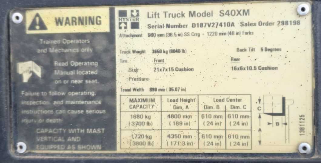 HYSTER S40XM LPG FORKLIFT 3800 LB CAPACITY 189" MAX HEIGHT - 8500 HRS - SIT-DOWN FORKLIFTS