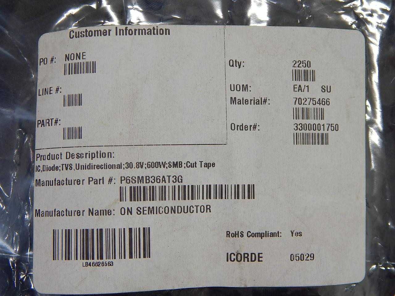 LOT OF 205 LOT OF 10 ON SEMICONDUCTOR P6SMB36AT3G TVS DIODES - TRANSIENT VOLTAGE SUPPRESSORS 36V 600W UNIDIRECTIONAL - INDUSTRIAL PARTS