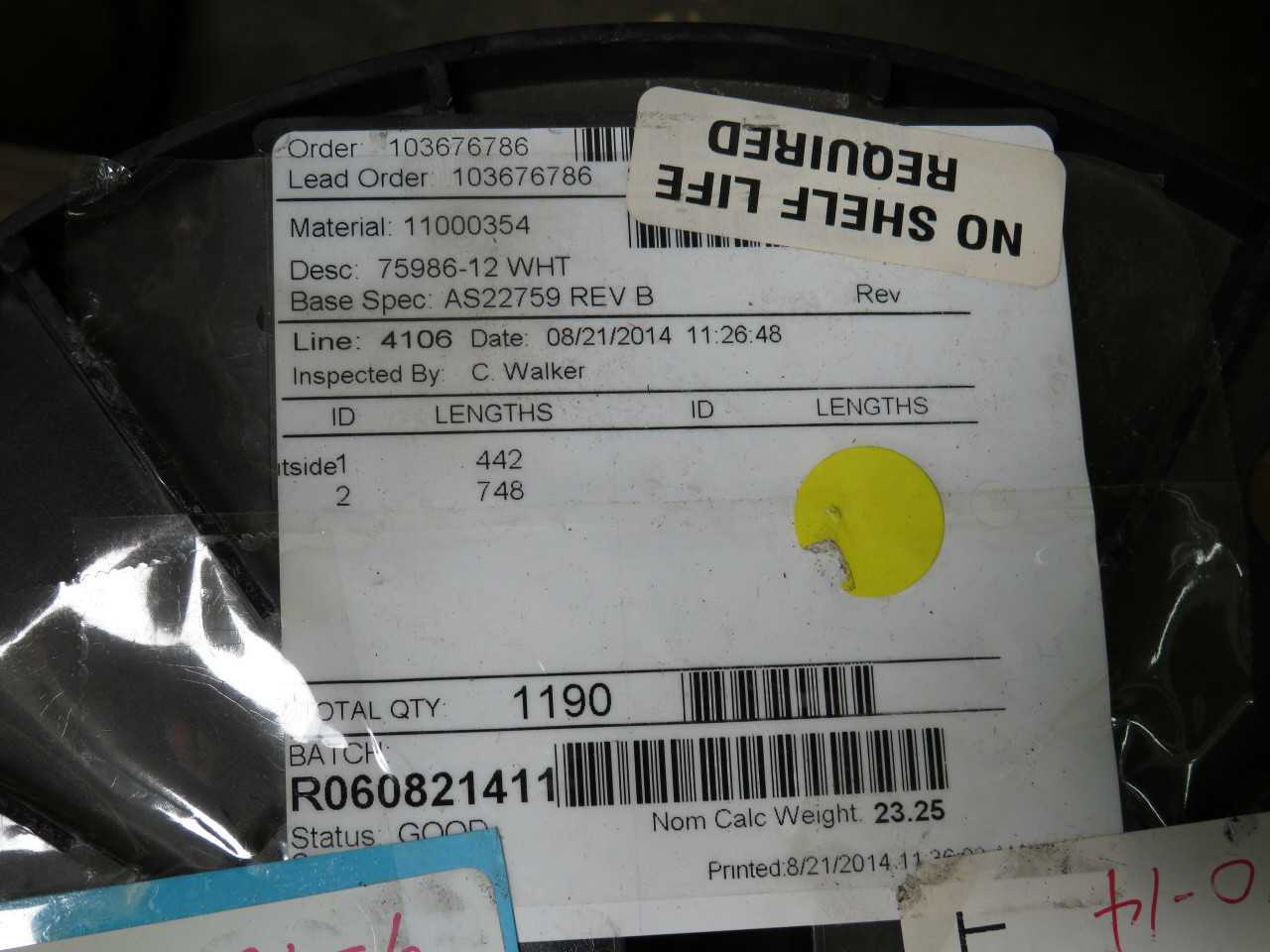 AEROSPACE WIRE M22759/86-12-9, 12 AWG, 600V RATING, 200°C TEMP, 2.74 MM OD, PTFE INSULATION - ELECTRICAL WIRE