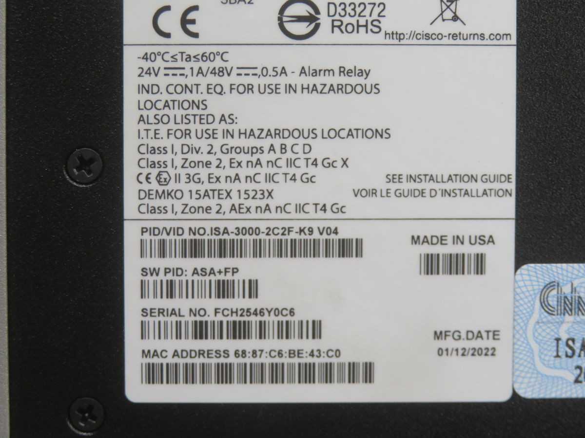 CISCO ISA 3000 ISA-3000-2C2F-K9 V04 INDUSTRIAL SECURITY APPLIANCE T263152 - AUTOMATION & CONTROLS
