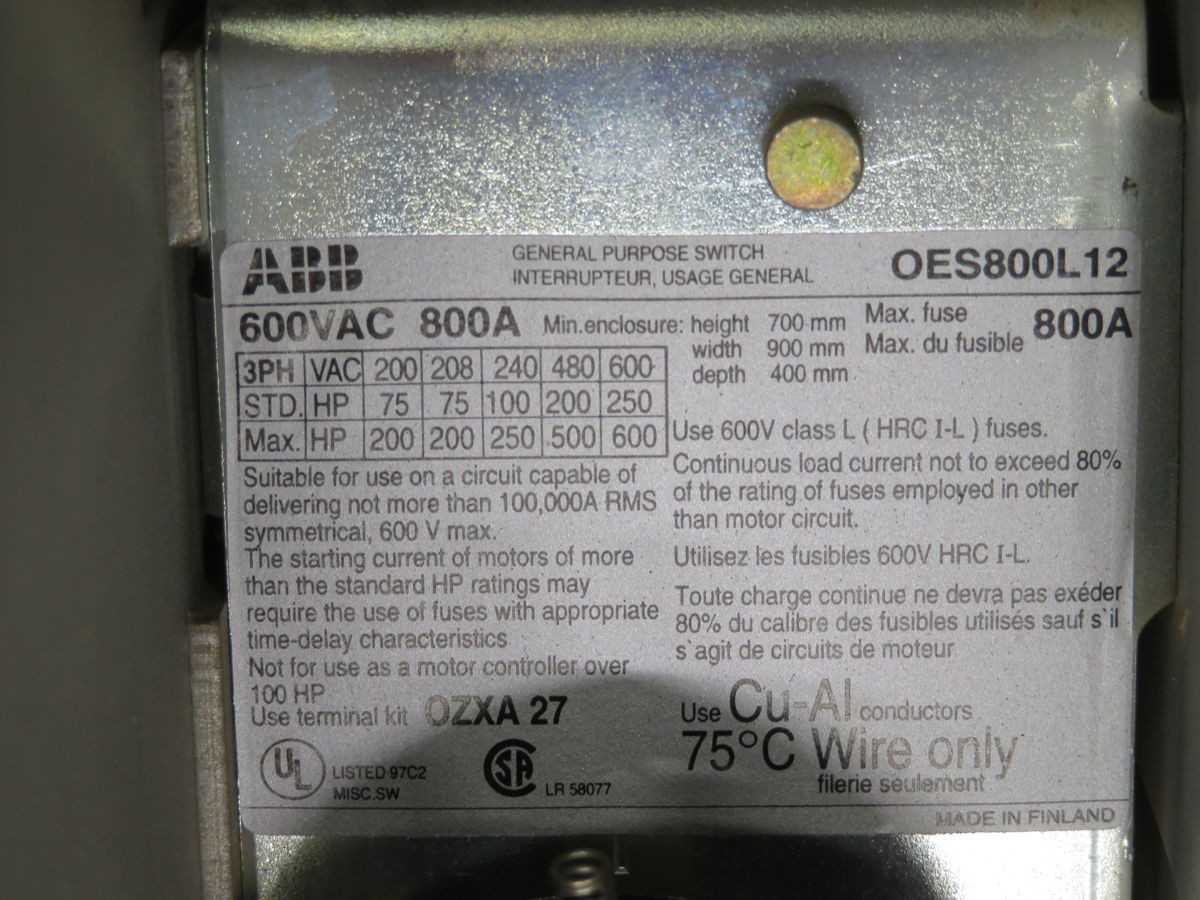 ABB OES800L12 DISCONNECT SWITCH, 3-POLE, 800A CURRENT, 600V VOLTAGE, 200KA SCCR, 1000V UI - SWITCHES