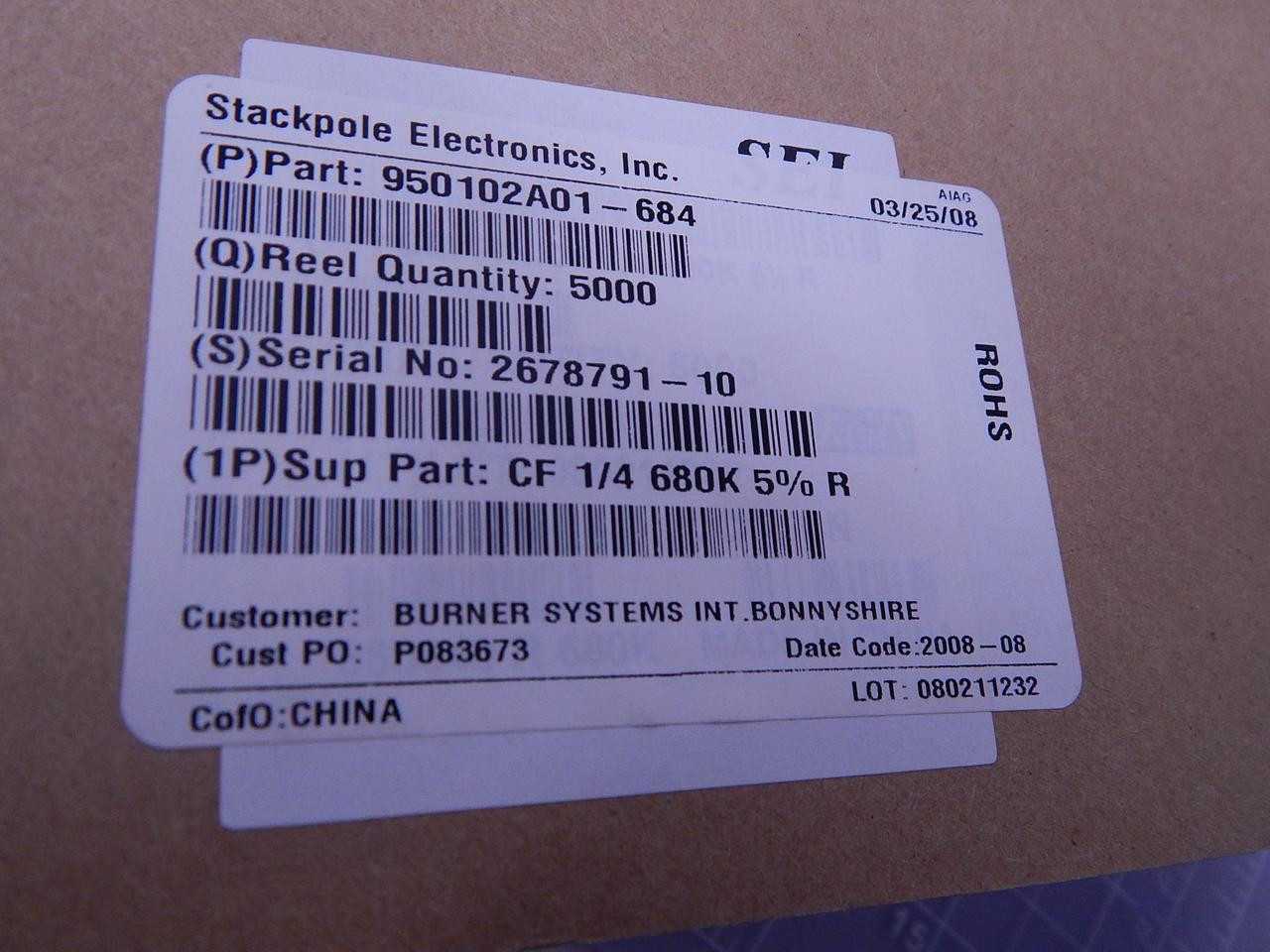 Lot of 5000 Stackpole Electronics 950102A01-684 Resistors 680 k 5 % - ELECTRICAL COMPONENTS