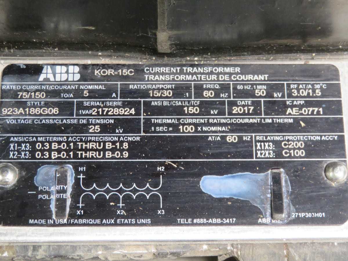ABB 923A186G06 CT, 15 KV VOLT, 110 KV BIL, 75/150 A PRIM, 5 A SEC, C400/C800 ACC - ELECTRICAL COMPONENTS