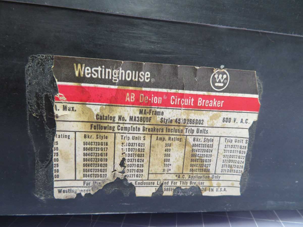 WESTINGHOUSE MA3800F CIRCUIT BREAKER, 3 POLES, 800A, 600 VAC, 18KA IC, T-M TRIP - CIRCUIT BREAKERS