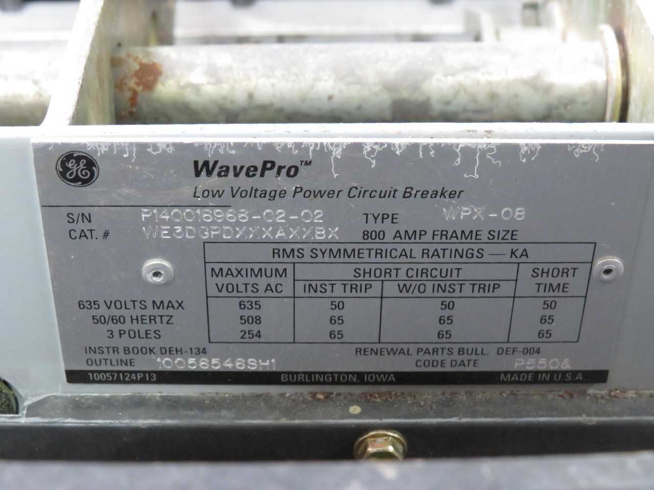 GE WE3DGPDXXXAXXBX WPX-08, 3-POLE, 635 VAC MAX VOLTAGE, 800 A CURRENT, 50/60 HZ FREQUENCY - CIRCUIT BREAKERS