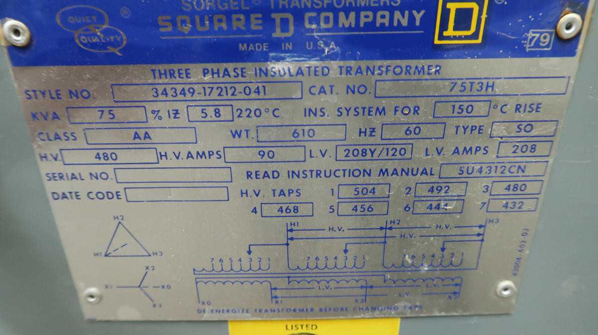 Square D 75T3H 34349-17212-041 Transformer, 3Ph, 75 kVA, 480V Pri, 208Y/120V Sec - DRY TRANSFORMERS