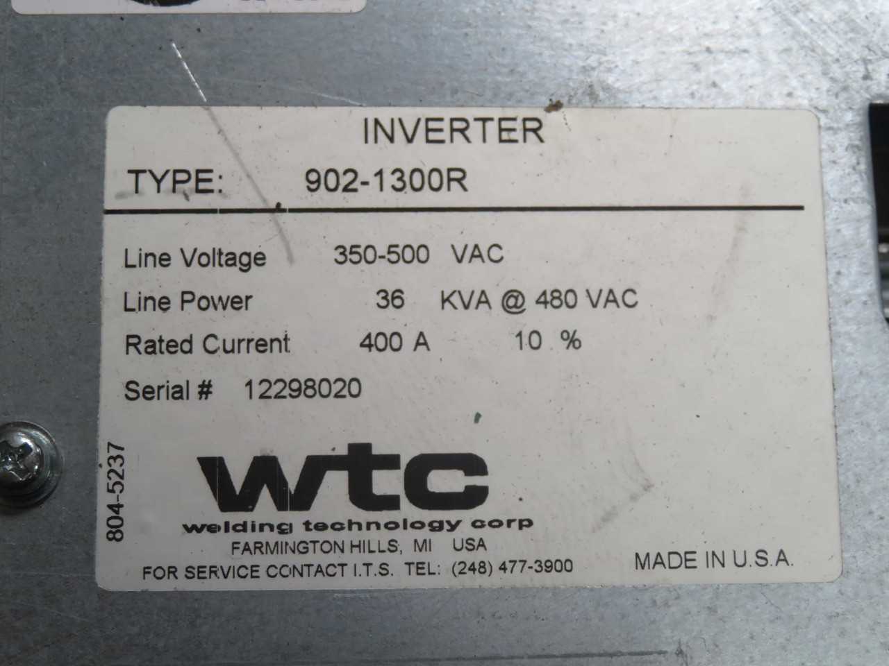 WTC 902-1300R Inverters, MFDC, 3Ph, Resistance Welding, 350-500 VAC, 36 kVA Power, 400A Current - WELDING EQUIPMENT