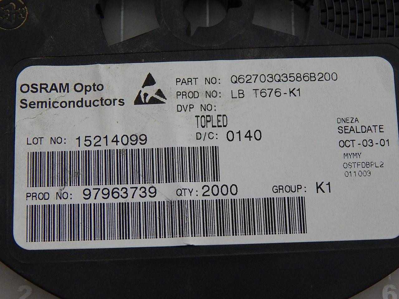 LOT OF 1999 OSRAM OPTO SEMICONDUCTORS Q62703Q3586B200 LB T676-K1 97963739 BLUE 465NM LED INDICATION - DISCRETE 3.5V 2-PLCC - LIGHTING