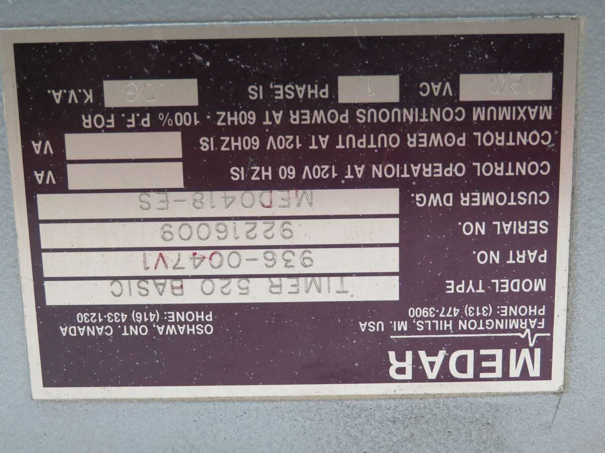 MEDAR 936-0047V1 CONTROLS PLCS, 120V POWER, 60 HZ FREQ, 1 PH, 0.06 KVA INPUT - PLC MODULES