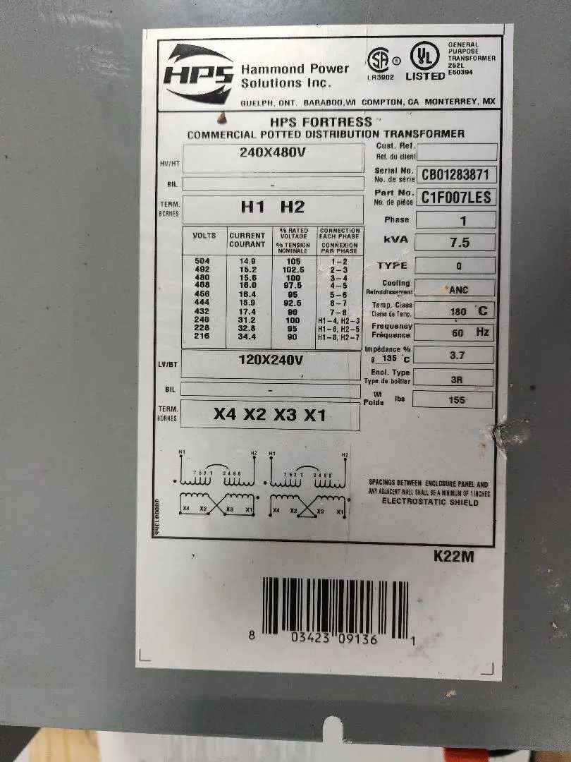 HPS FORTRESS 7.5 KVA 1 PH COMMERCIAL POTTED DISTRIBUTION TRANSFORMER 240/480V PRI, 120/240V SEC - MACHINING TOOLING & PARTS