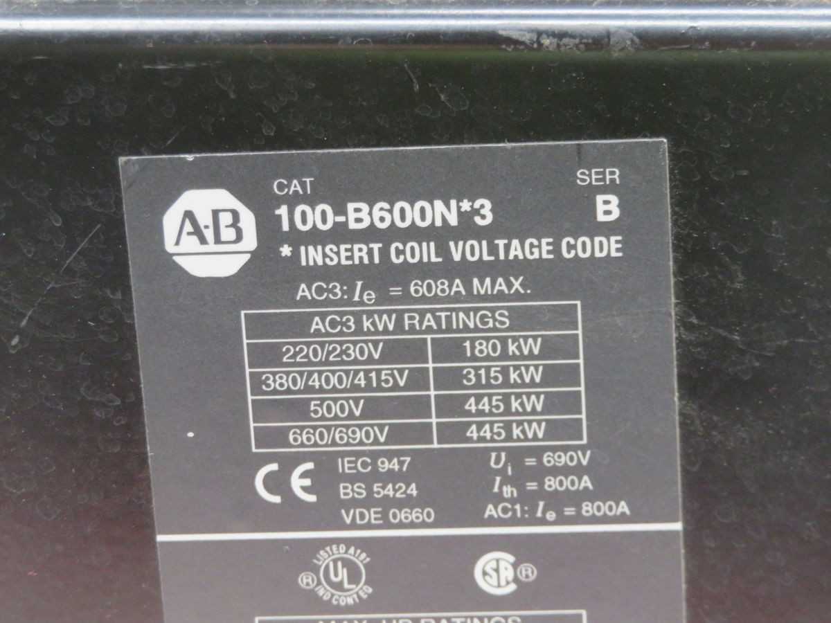 ALLEN BRADLEY 100-B600N*3 CONTACTORS, 3P, 3PH, 608A AC-1, 600A AC-3, 400VAC, 690V MAX - CONTACTORS