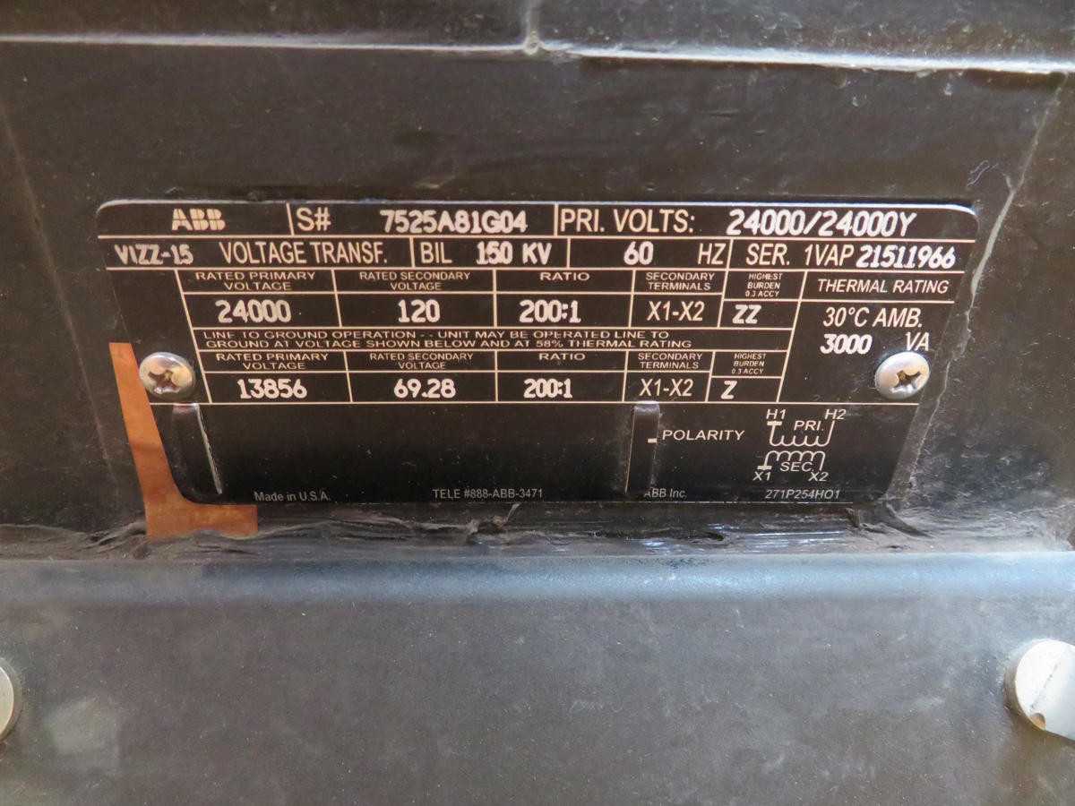 ABB VIZZ-15 VOLTAGE TRANSFORMER, 2400 V PRI, 120 V SEC, 200:1 RATIO - POWER TRANSFORMERS