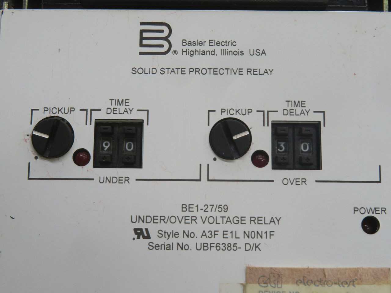 BASLER, BE1-27/59 A3F E1L NON1F, UV/OV RELAY, 24VDC AUX, 65-150 VAC INPUT - PROTECTION RELAY