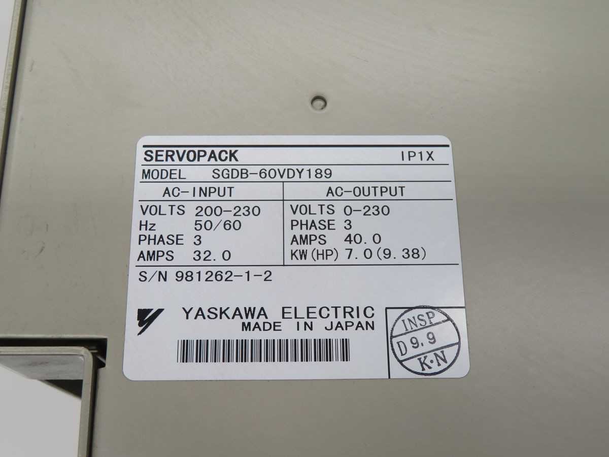 YASKAWA SGDB-60VDY189 SERVO DRIVES, 7.0KW OUTPUT POWER, 40A CONTINUOUS OUTPUT CURRENT - SERVO