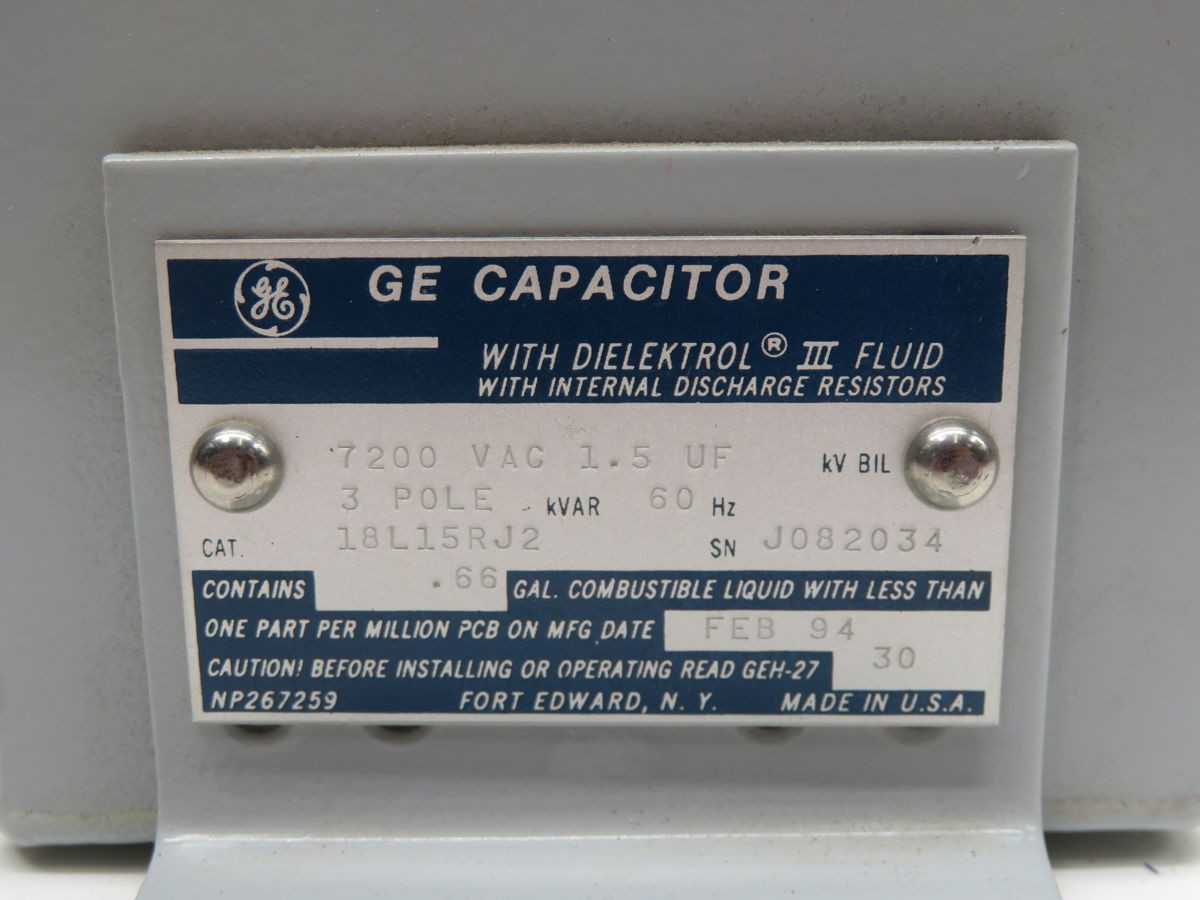 GE 18L15RJ2 CAPACITOR, 3 POLE, 7200 VAC RATED, 1.5 ΜF CAPACITANCE, 60 HZ FREQUENCY - ELECTRICAL COMPONENTS