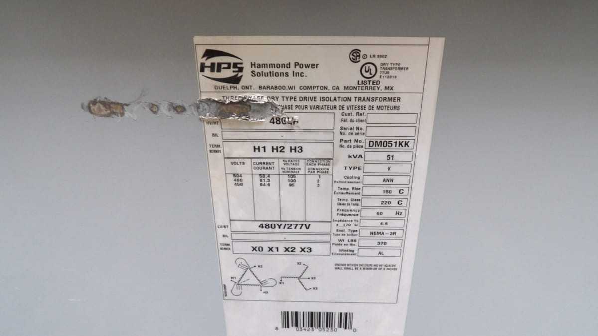 HPS DM051KK DRY TRANSFORMER, 51 KVA RATING, 3-PHASE, 480V PRI VOLT, 480Y/277V SEC VOLT - DRY TRANSFORMERS